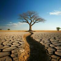 eenzaam boom groeit Aan gebarsten land, illustreren klimaat veranderingen droogte gedreven gevolgen voor sociaal media post grootte ai gegenereerd foto