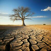 eenzaam boom groeit Aan gebarsten land, illustreren klimaat veranderingen droogte gedreven gevolgen voor sociaal media post grootte ai gegenereerd foto