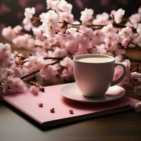 rustig opstelling, notitieboekje, bloeit, en koffie rust uit Aan roze tafel, uitstralend rust voor sociaal media post grootte ai gegenereerd foto