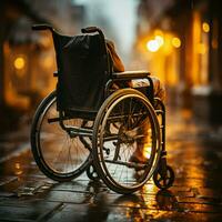 rolstoel gebruiker houdt wielen, beeltenis sterkte en veerkracht in de gezicht van onbekwaamheid voor sociaal media post grootte ai gegenereerd foto