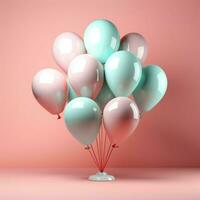 ballon extravagantie, 3d weergegeven pastel ballonnen Aan roze achtergrond, klaar voor verjaardagen voor sociaal media post grootte ai gegenereerd foto