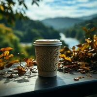 koffie in papier beker, van de natuur backdrop slokje van warmte temidden van buitenshuis kalmte voor sociaal media post grootte ai gegenereerd foto