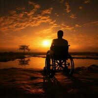 gehandicapt persoon in rolstoel silhouet, bevorderen bewustzijn voor sociaal media post grootte ai gegenereerd foto
