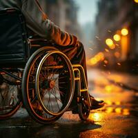 gehandicapt personen handen Aan rolstoel wielen, symboliseert empowerment en volharding voor sociaal media post grootte ai gegenereerd foto