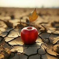emblematisch appel Aan droog aarde illustreert voedsel onzekerheid, water tekort, agrarisch crisis voor sociaal media post grootte ai gegenereerd foto