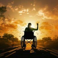 empowerment silhouet rolstoel gebonden figuur tegen zonsondergang, belichamen sterkte en volharding voor sociaal media post grootte ai gegenereerd foto
