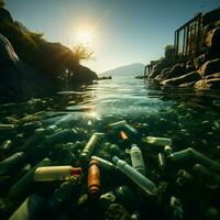 milieu degradatie oceaan belaagd door plastic fles vervuiling, benadrukkend ecologisch gevolg voor sociaal media post grootte ai gegenereerd foto