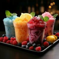 ijzig cups houden kleurrijk fruit slush bevroren vreugde in levendig slokjes voor sociaal media post grootte ai gegenereerd foto