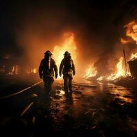 heroïsch brandweerlieden gevecht olie brand met ronddraaien mist, beteugelen vlammen, prioriteiten stellen industrieel veiligheid voor sociaal media post grootte ai gegenereerd foto