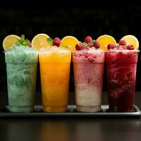 ijzig fruit slushies staan Verenigde in plastic kopjes, vormen een koud in de rij gaan staan voor sociaal media post grootte ai gegenereerd foto