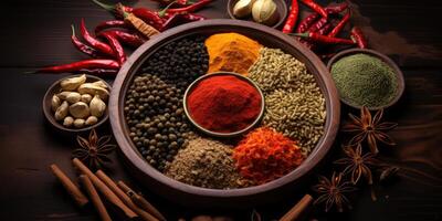 Indisch specerijen dichtbij omhoog. peper, kurkuma tijm paprika komijn. generatief ai foto