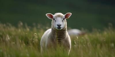 schattig gelukkig lam Aan de veld, schapen. generatief ai foto