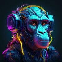 neon aap in hoofdtelefoons Aan een zwart achtergrond. generatief ai foto