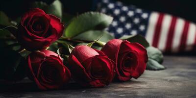 Amerika dag, rozen en soldaat laarzen Aan de achtergrond van de Amerikaans vlag. generatief ai foto