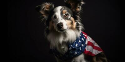 schattig hond gekleed in ons nationaal kleuren. juli 4e is onafhankelijkheid dag van de Verenigde staten van Amerika. generatief ai foto