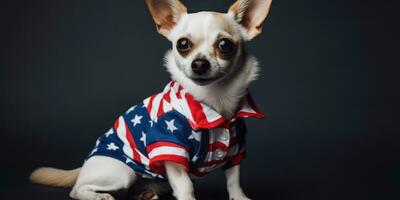 schattig hond gekleed in ons nationaal kleuren. juli 4e is onafhankelijkheid dag van de Verenigde staten van Amerika. generatief ai foto