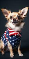 schattig hond gekleed in ons nationaal kleuren. juli 4e is onafhankelijkheid dag van de Verenigde staten van Amerika. generatief ai foto