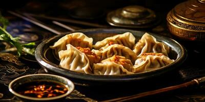 heerlijk schotel Chinese gebakken knoedels in een Chinese restaurant. generatief ai foto