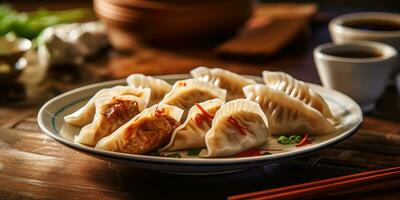 heerlijk schotel Chinese gebakken knoedels in een Chinese restaurant. generatief ai foto