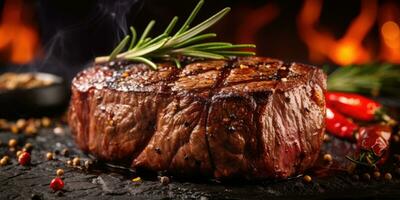 heerlijk gebakken vlees in een restaurant. smakelijk steak Aan de tafel. generatief ai foto