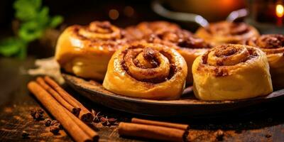 heerlijk kaneel. smakelijk broodjes Aan de tafel. generatief ai foto