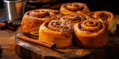 heerlijk kaneel. smakelijk broodjes Aan de tafel. generatief ai foto