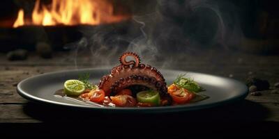 voortreffelijk gegrild Octopus tentakels. Octopus in de restaurant detailopname van de gerecht. generatief ai foto