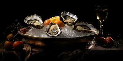 oesters in een restaurant detailopname van een gerecht. voortreffelijk oesters. generatief ai foto