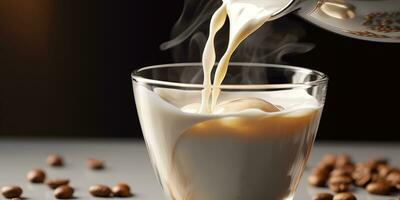 kop van koffie met melk Aan de tafel detailopname. spatten van koffie en melk. generatief ai foto