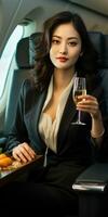 prachtig Aziatisch meisje Aan de vlak met een glas van Champagne. generatief ai foto