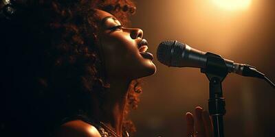 jong Afrikaanse vrouw zingt in karaoke. generatief ai foto