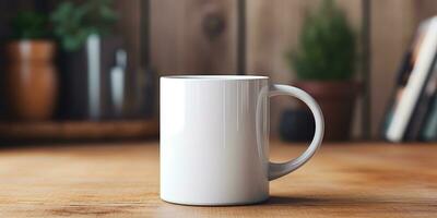 mockup van een wit kop voor thee of koffie, Aan een houten tafel. generatief ai foto
