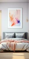 slaapkamer in licht kleuren en een afbeelding in een houten kader bovenstaand bed. generatief ai foto