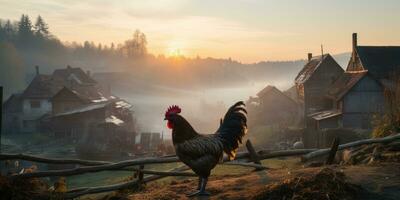 haan Aan de achtergrond van zonsondergang, mist in de dorp. generatief ai foto