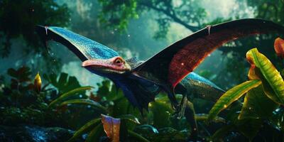helder beeld van een pterasaurus oerwoud. fantasie wereld. dinosaurus. generatief ai foto