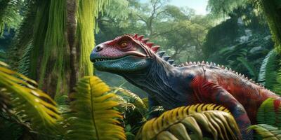 fantasie beeld van een triceraptor in de oerwoud. dinosaurus. generatief ai foto