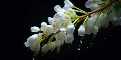 acacia bloemen Aan een donker achtergrond. wit bloemen met regendruppels. generatief ai foto
