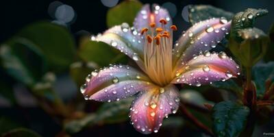 mooi bloem met regendruppels Aan een donker achtergrond. foto voor poster of behang. generatief ai