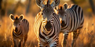 horizontaal foto van zebra's in Afrika tegen zonsondergang achtergrond. generatief ai