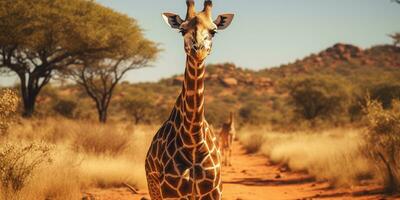 een giraffe wandelingen de savanne tussen planten, dieren in het wild. generatief ai foto