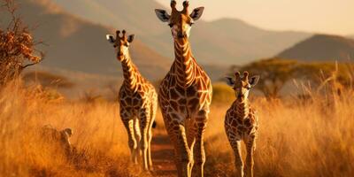 familie van giraffen staan samen de wild, natuurlijk leefgebied. Afrika. generatief ai foto