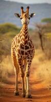 een giraffe wandelingen de savanne tussen planten, dieren in het wild. generatief ai foto