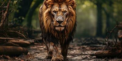 volwassen leeuw van wie gezicht is gedekt met littekens. wild dier. generatief ai foto