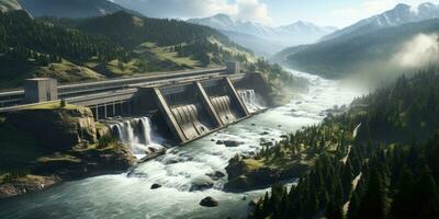 beeld van een hydro-elektrisch dam, net zo bron van energie de beweging van water. generatief ai foto