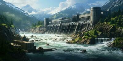 beeld van een hydro-elektrisch dam, net zo bron van energie de beweging van water. generatief ai foto