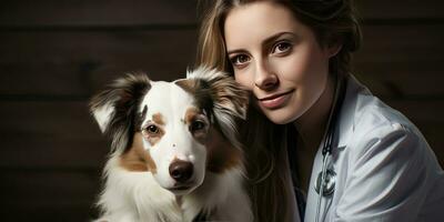 een vrouw dierenarts houdt een schattig vrolijk hond haar armen in de buurt. generatief ai foto