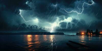 nacht onweersbui over- de meer, bliksem met dramatisch wolken. generatief ai foto