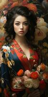 portret van een jong vrouw in een bloemen kimono. generatief ai foto