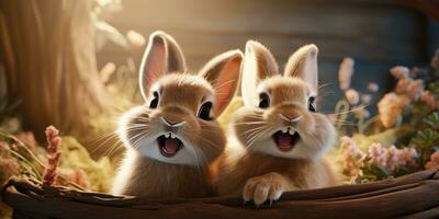 schattig en grappig konijnen kijken in camera lens. dier wereld. generatief ai foto