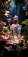 glas fles van parfum Aan mooi achtergrond. bloemen achtergrond. generatief ai foto